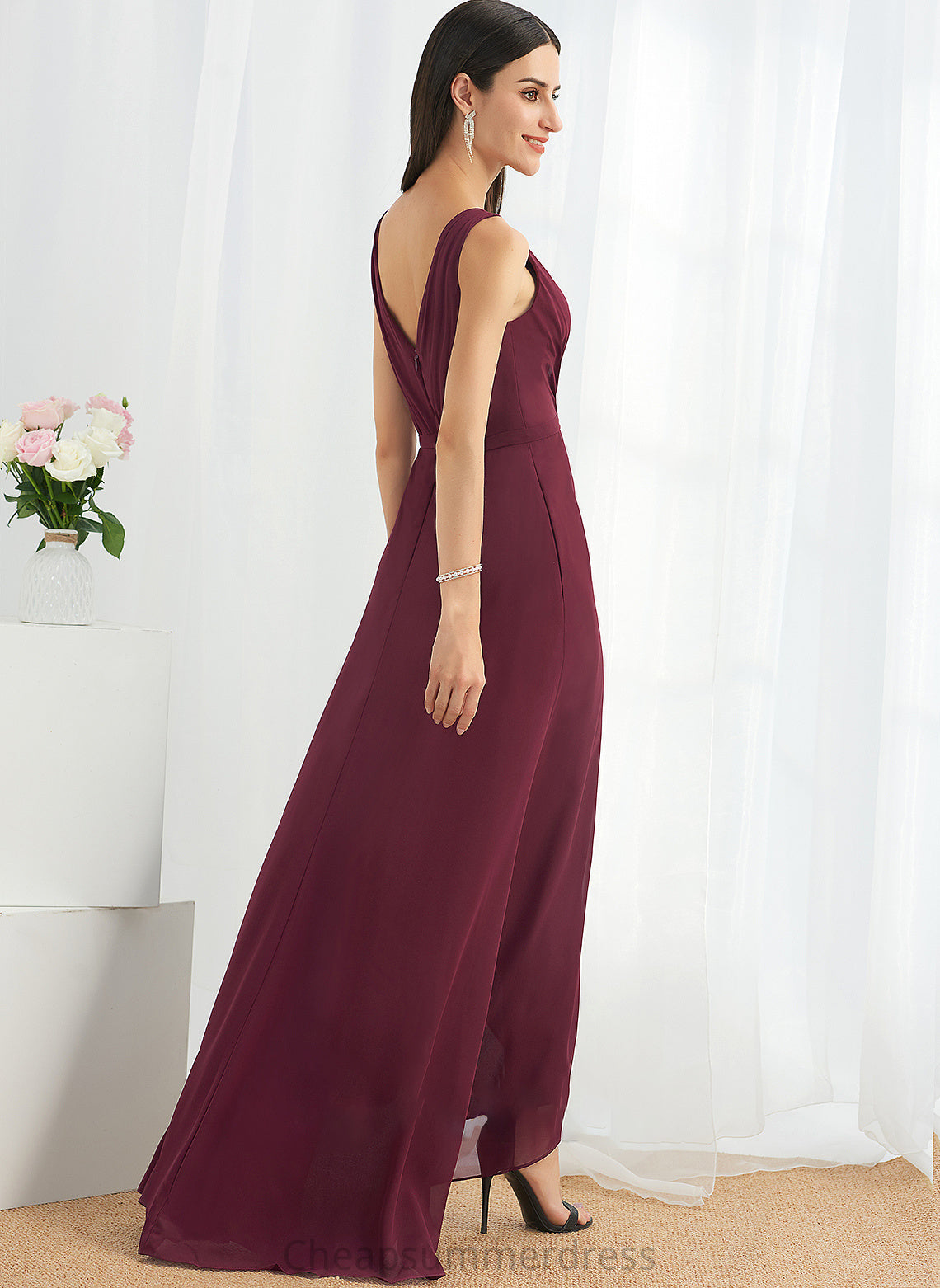 Fabric V-neck Length A-Line Neckline Silhouette SplitFront Asymmetrical Embellishment Adriana Sleeveless Straps
