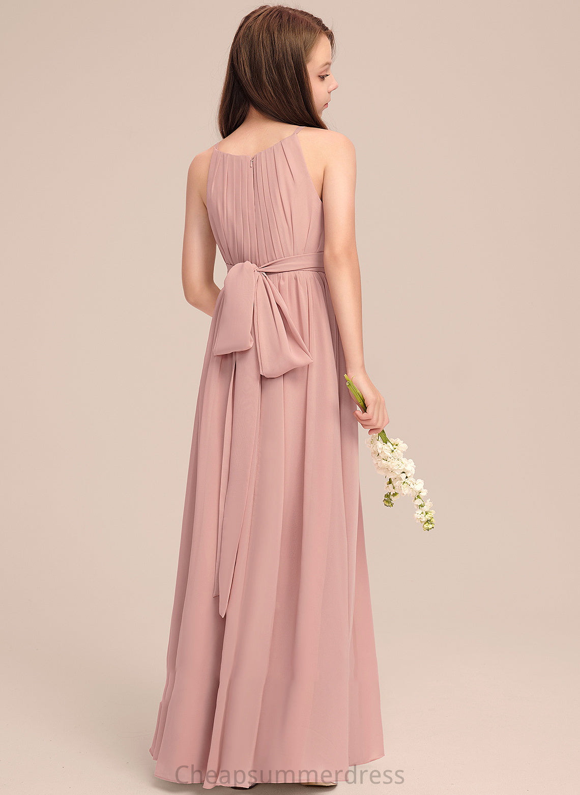 Neck Lilly With Floor-Length Bow(s) Ruffle A-Line Chiffon Scoop Junior Bridesmaid Dresses
