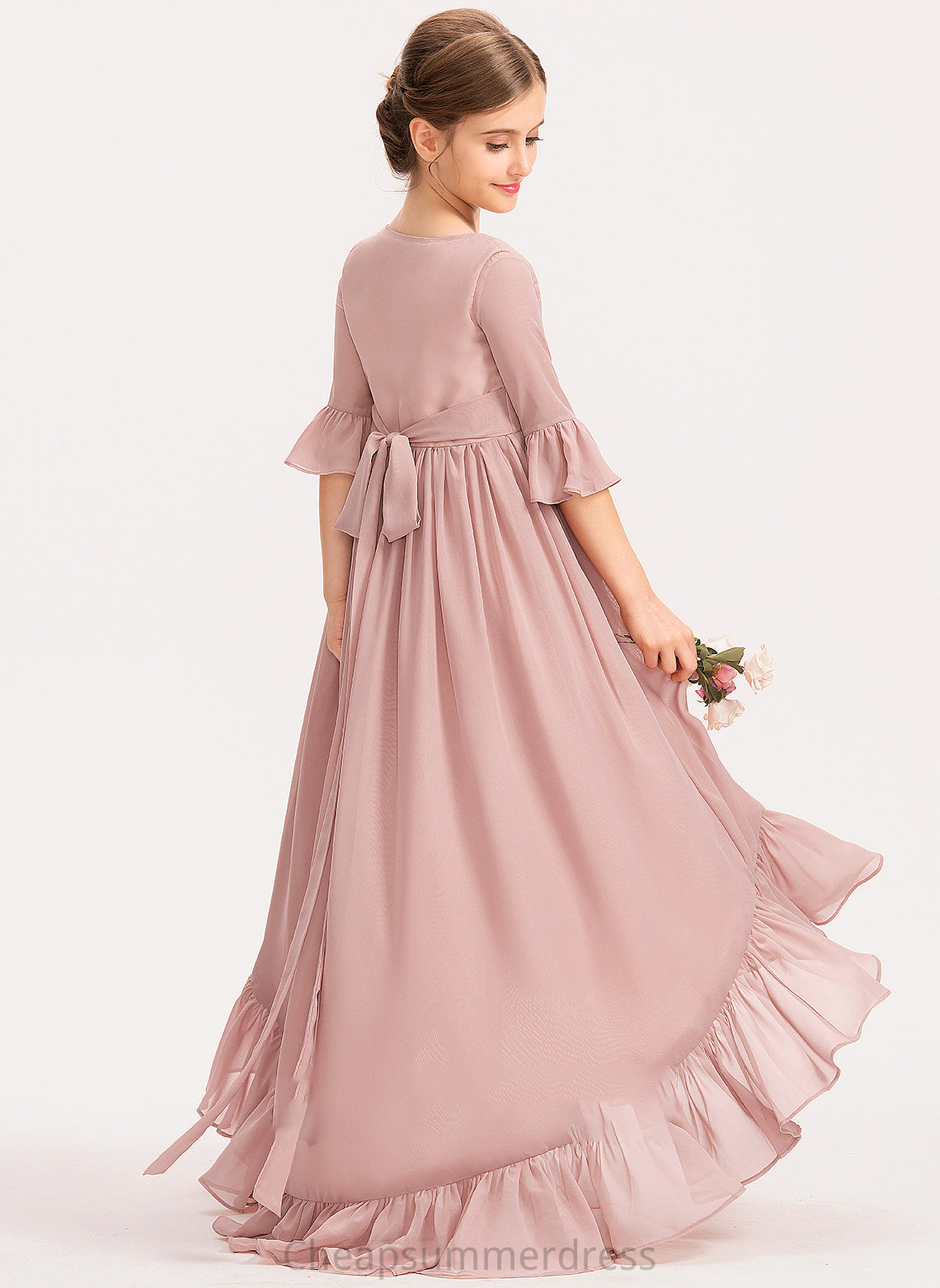 With Chiffon Ruffles A-Line Bow(s) Asymmetrical Phoebe Junior Bridesmaid Dresses Scoop Neck Cascading