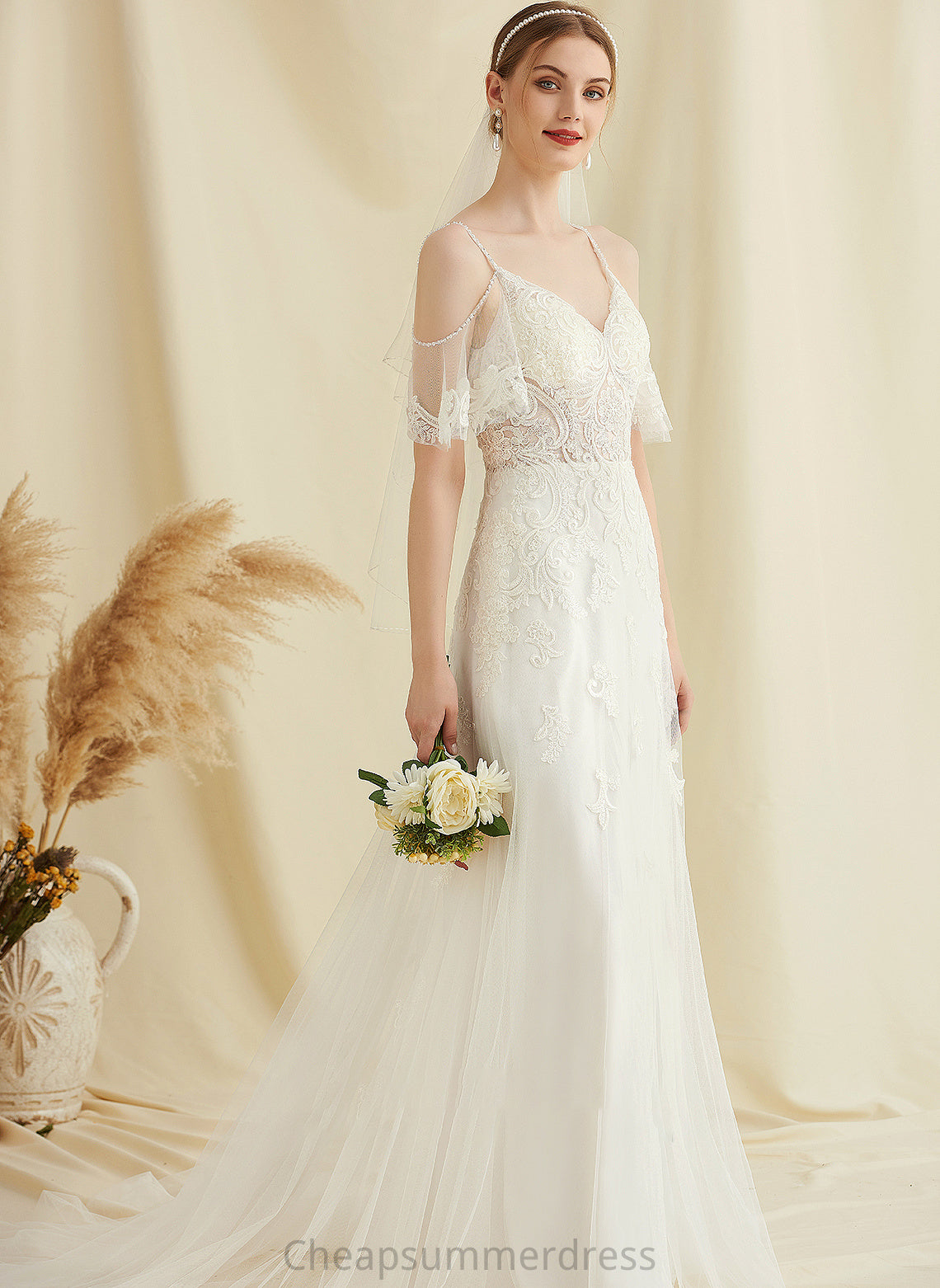 Wedding Dresses Wedding With Beading Train Dress Tulle A-Line Lace Sahna Sweep