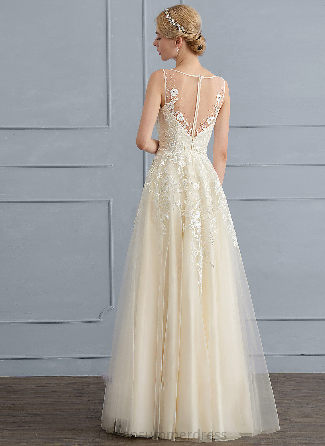 Wedding V-neck Beading A-Line Wedding Dresses Sequins Dress Floor-Length With Sylvia Tulle
