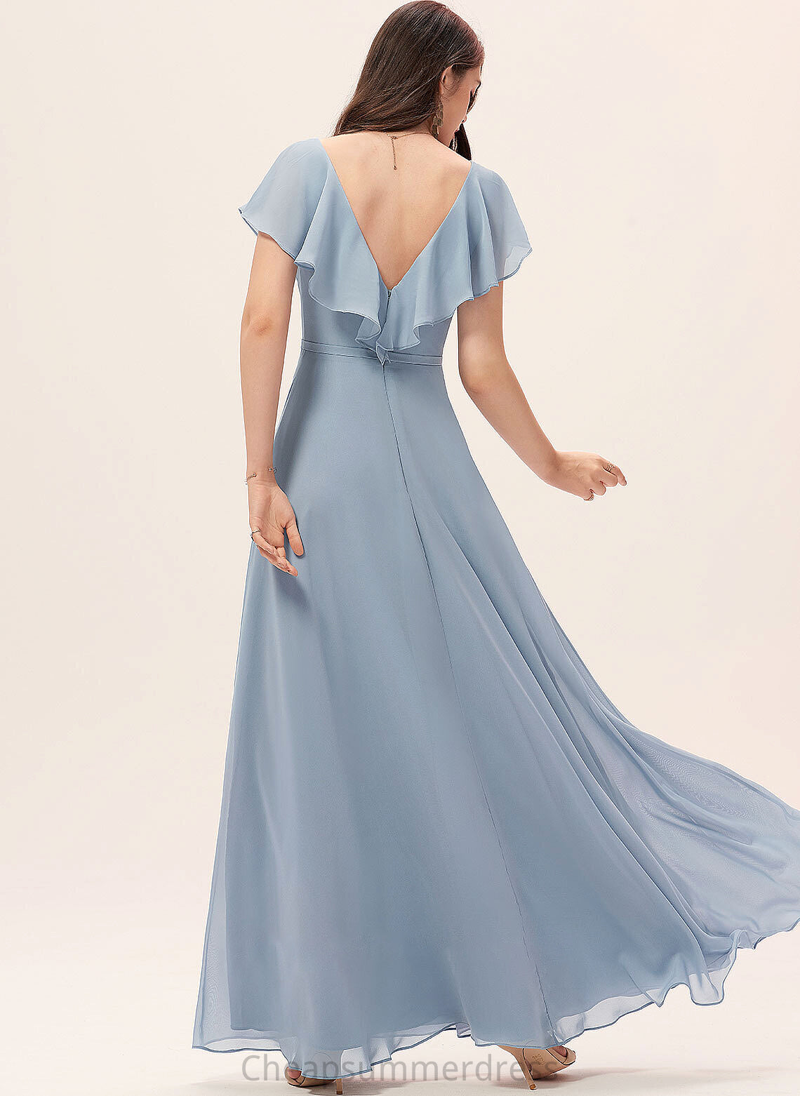 V-neck Neckline Floor-Length A-Line Silhouette Length SplitFront Fabric Embellishment Princess Sleeveless A-Line/Princess