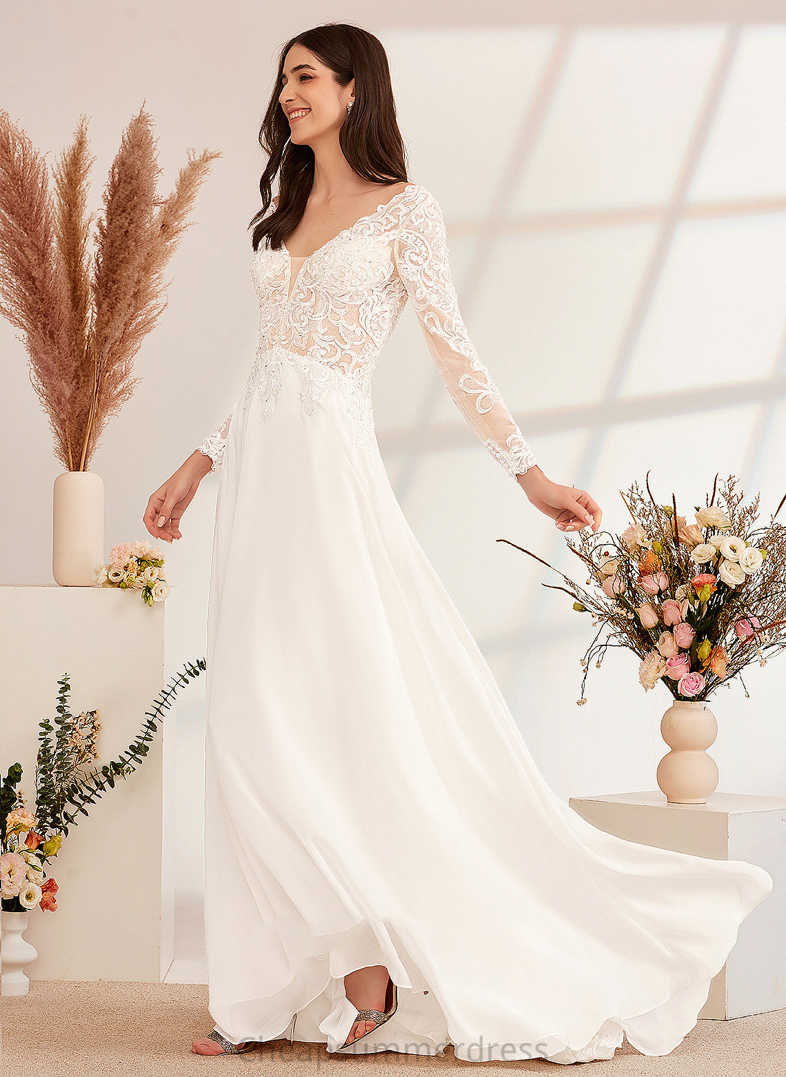 Train Karissa A-Line V-neck Wedding Dress Beading With Wedding Dresses Sweep