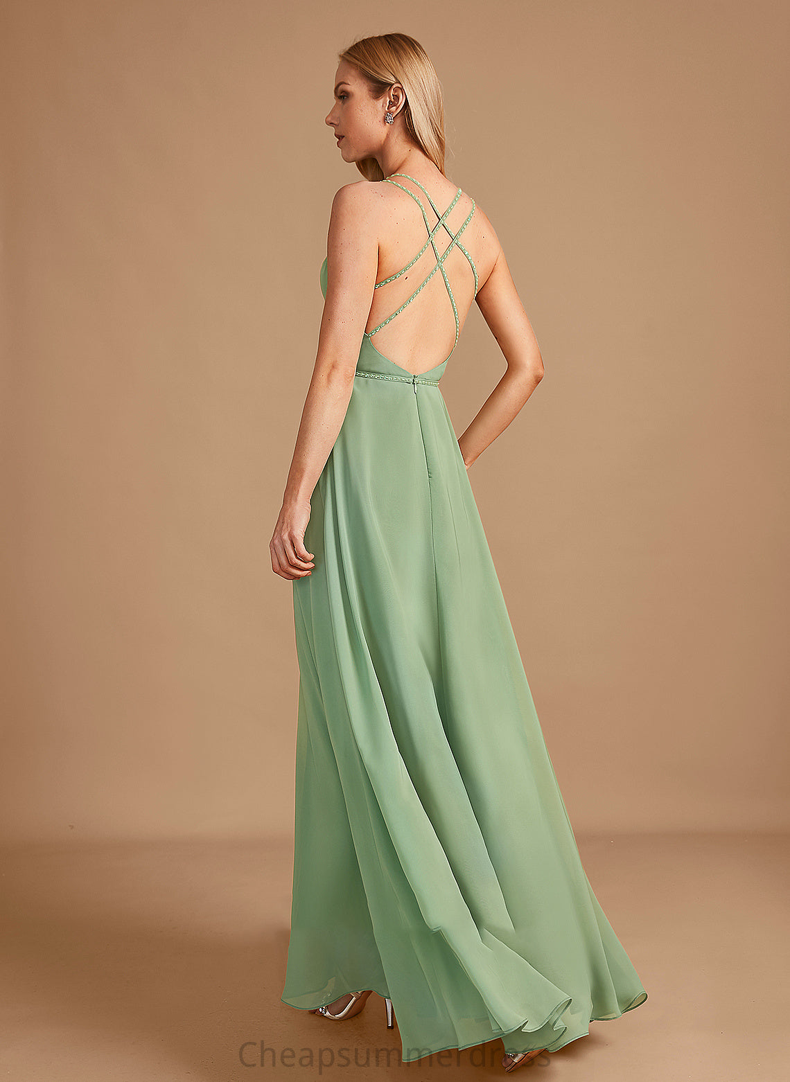 V-neck Beading Length Sequins Fabric Embellishment A-Line Floor-Length Neckline Silhouette Abbigail Cap Sleeves