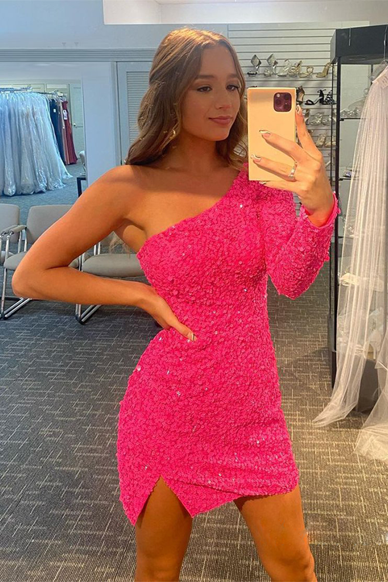 Sexy Glitter One-Shoulder Sequins Party Homecoming Dresses Journey Dress