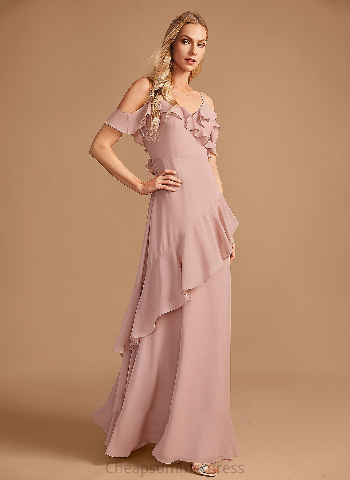 Ruffle V-neck Fabric A-Line Floor-Length Neckline Silhouette Embellishment Length Wendy Natural Waist Sleeveless