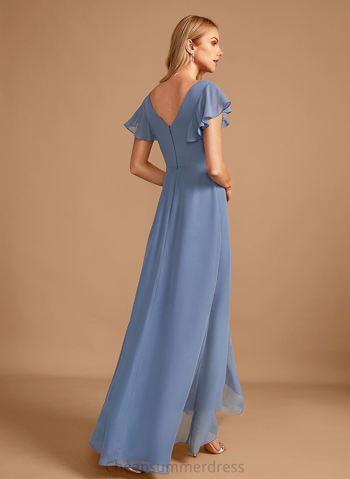 V-neck Ruffle Silhouette Fabric Asymmetrical Embellishment Neckline A-Line SplitFront Length Alicia Floor Length