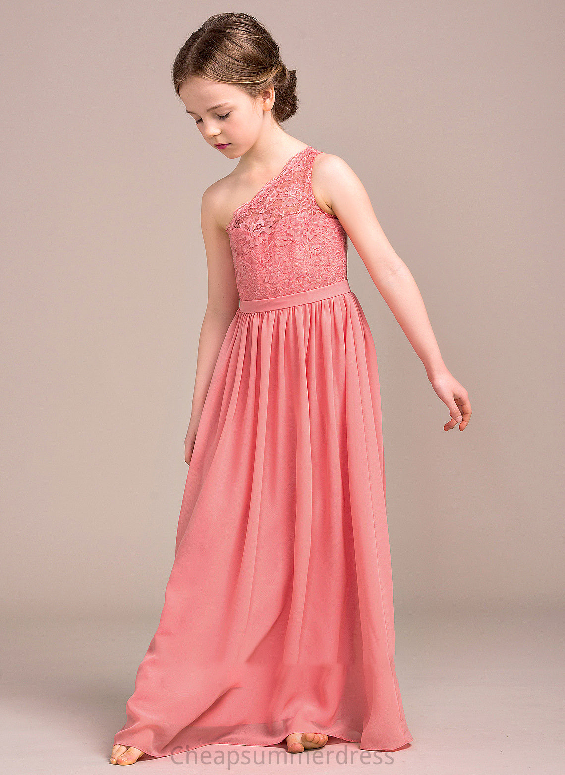 A-Line Lace One-Shoulder Junior Bridesmaid Dresses Chiffon Floor-Length Ina