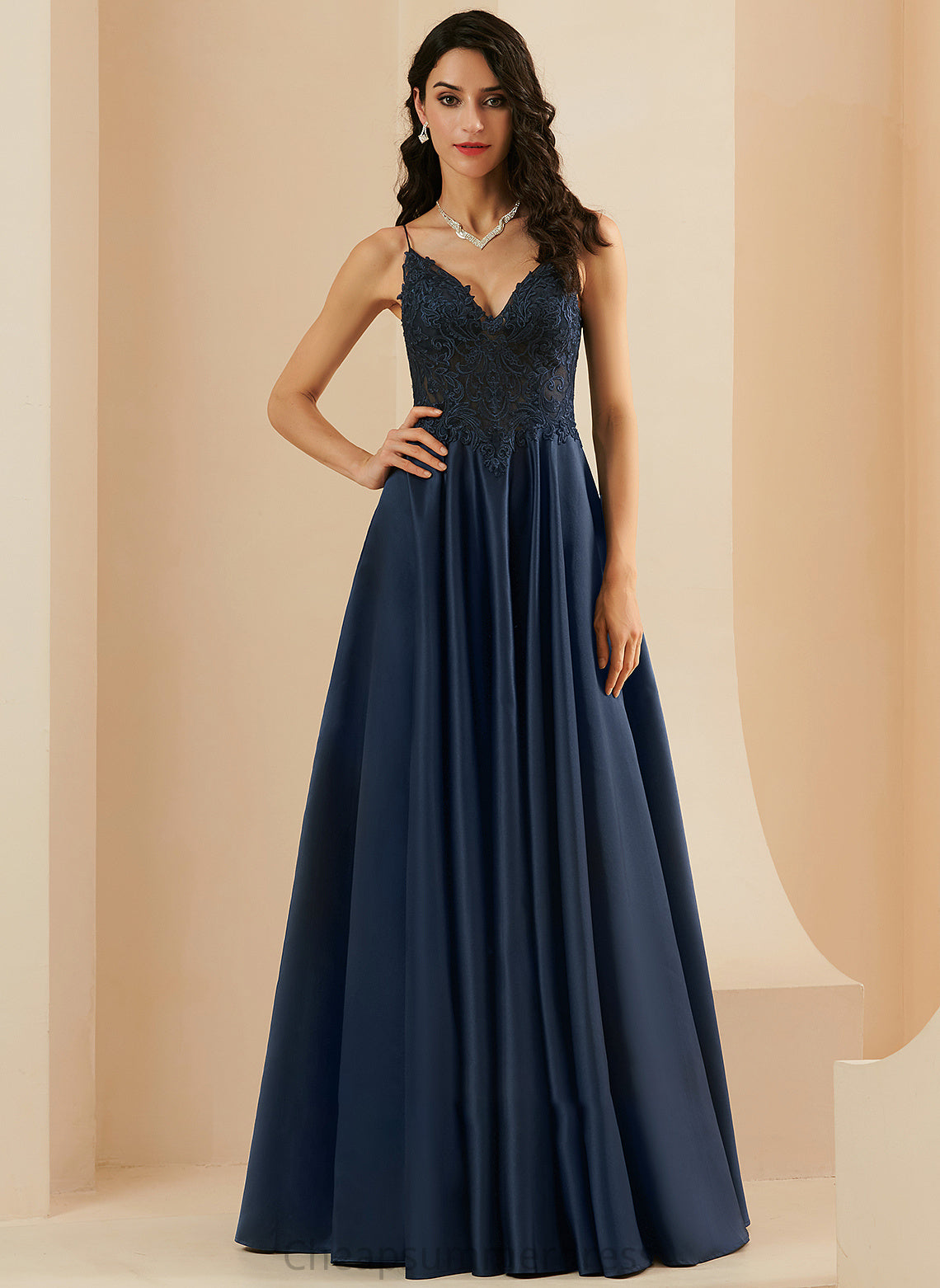 With V-neck Lace A-Line Floor-Length Prom Dresses Satin Dayana