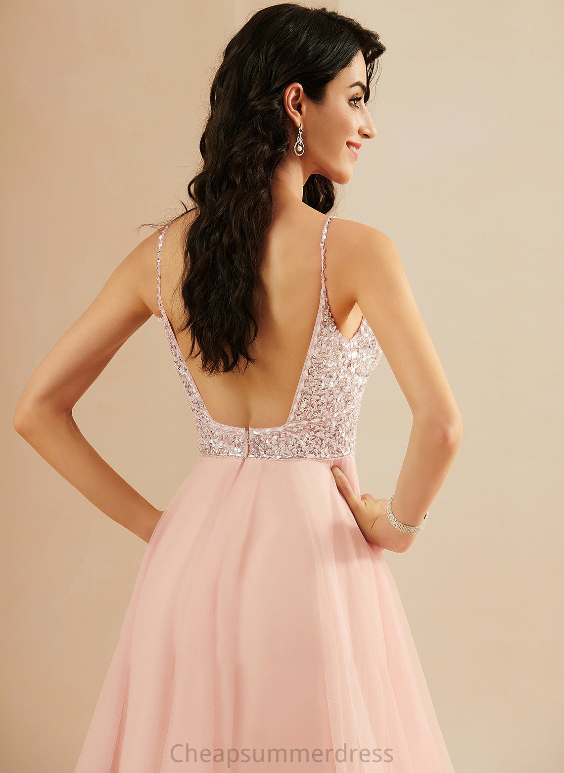Beading V-neck Floor-Length Azaria Sequins Prom Dresses A-Line Tulle With