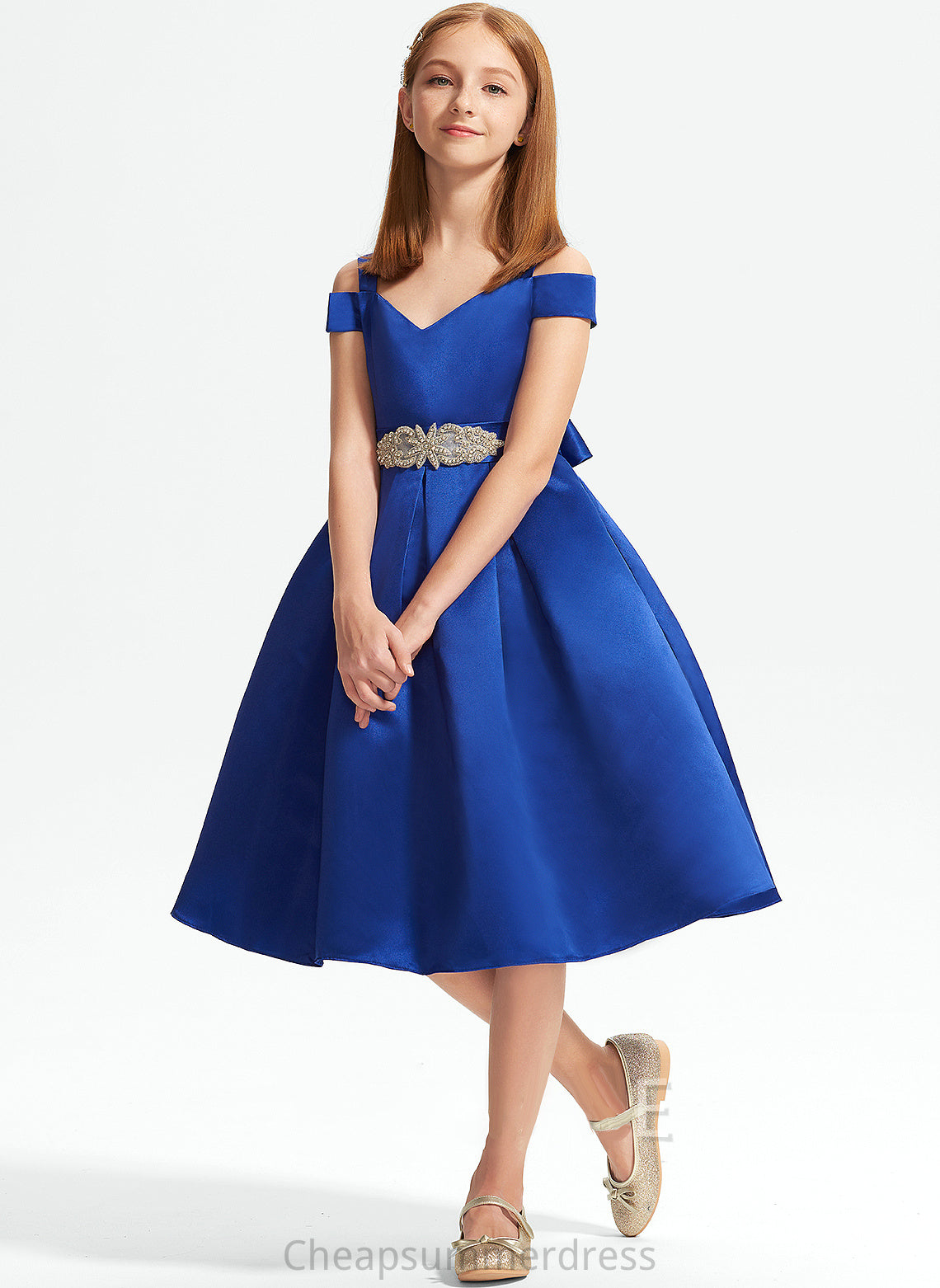 A-Line Junior Bridesmaid Dresses Bow(s) Breanna Off-the-Shoulder Satin Beading With Knee-Length