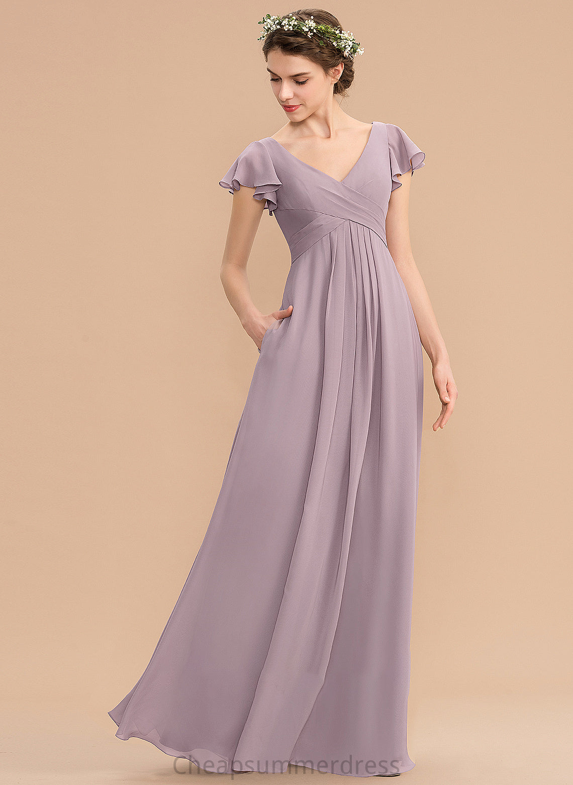 Length Pockets V-neck Neckline Fabric Embellishment A-Line CascadingRuffles Silhouette Floor-Length Riya Floor Length