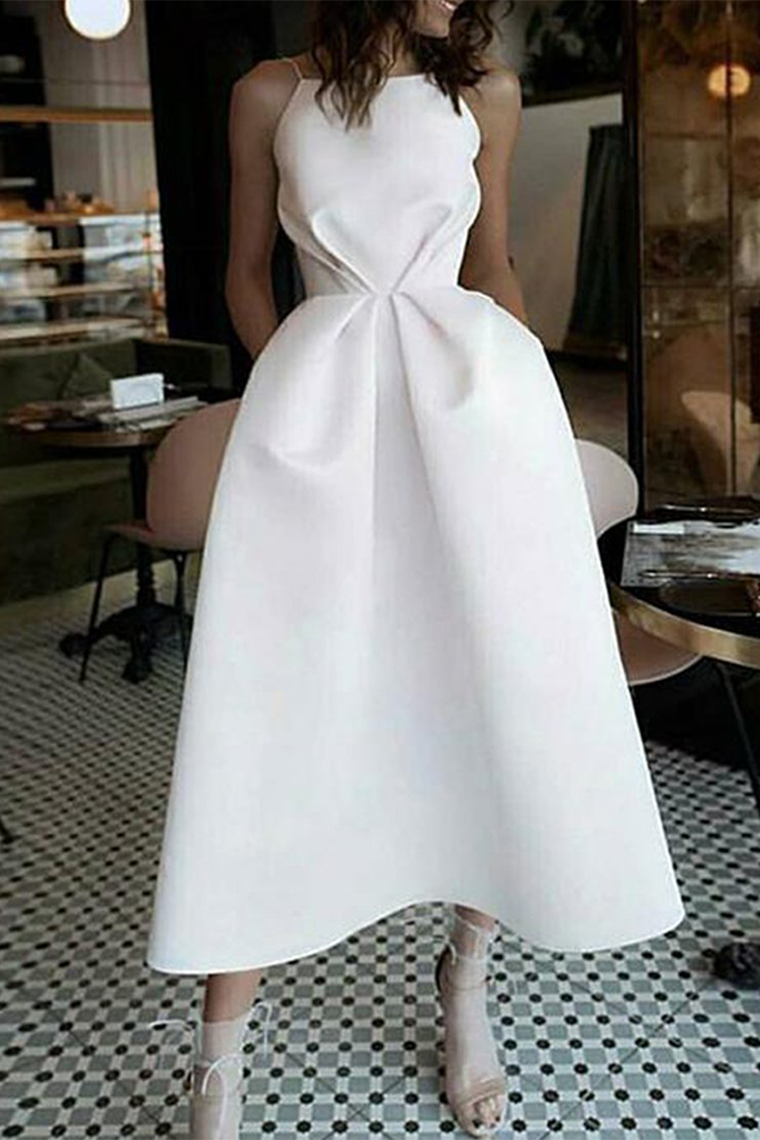 A-Line Tea-Length Saniyah Homecoming Dresses White Prom Dress With Pockets