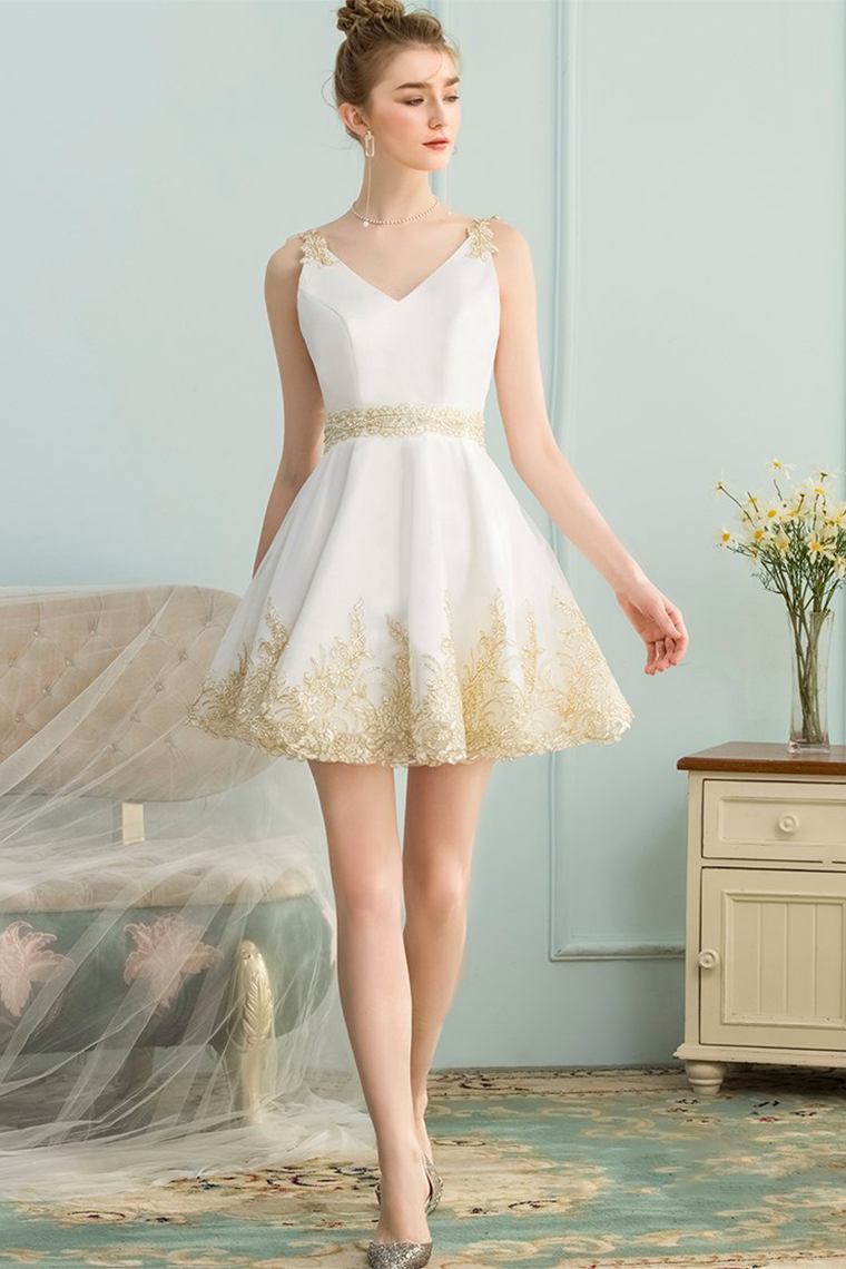 A-Line V-Neck Harmony Satin Homecoming Dresses Appliques Short White