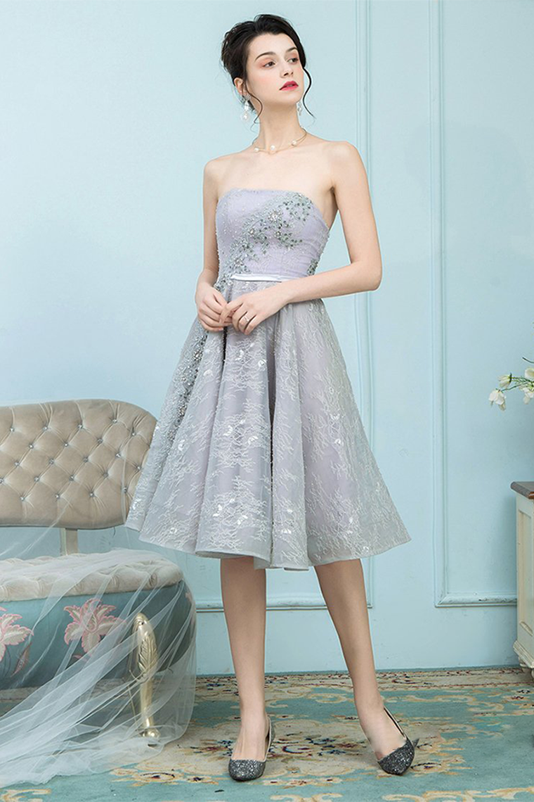 A-Line Strapless Grey Ball Gown With Cecelia Homecoming Dresses Lace Rhinestones