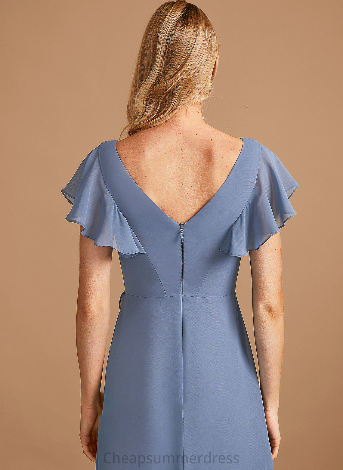 V-neck Ruffle Silhouette Fabric Asymmetrical Embellishment Neckline A-Line SplitFront Length Alicia Floor Length