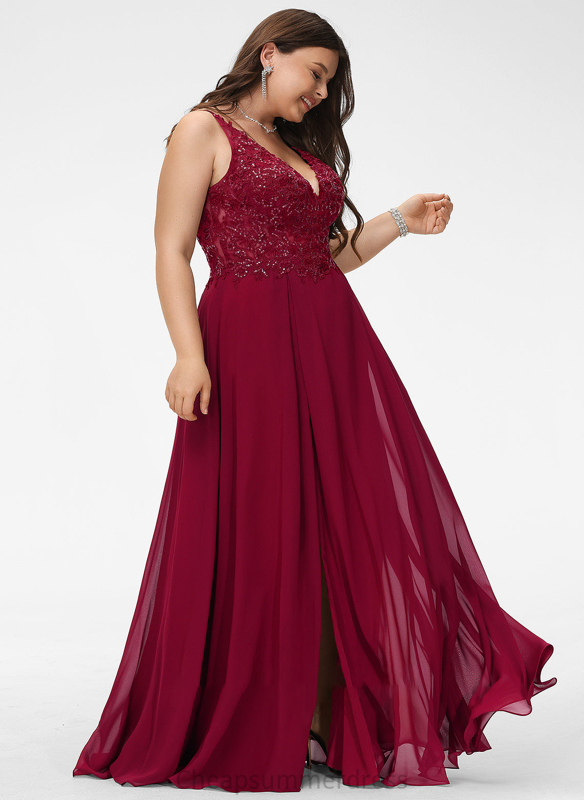V-neck Prom Dresses A-Line Front Chiffon Floor-Length Sequins Split Lace Martha With