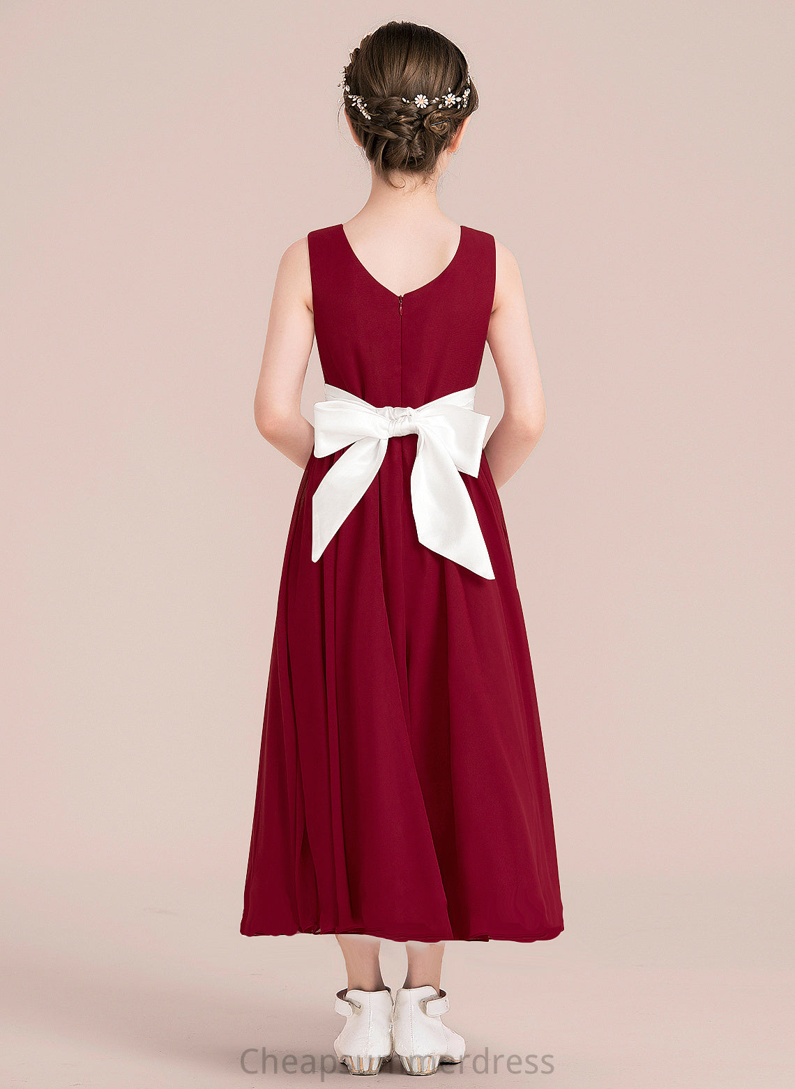 Empire Junior Bridesmaid Dresses Ankle-Length Scoop Neck A-Line Chiffon With Sash Shelby Bow(s)