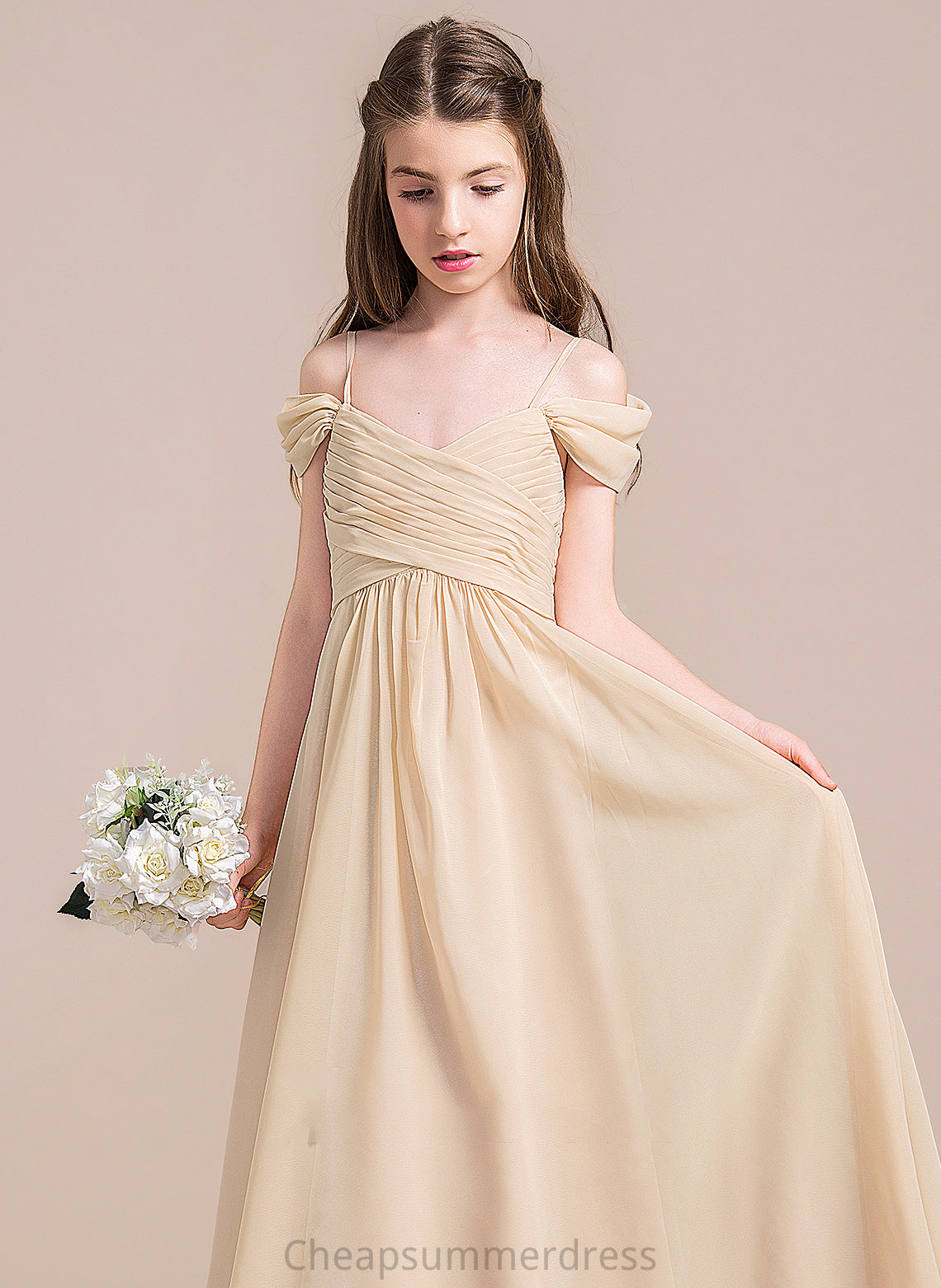 Off-the-Shoulder A-Line Jillian Junior Bridesmaid Dresses With Chiffon Floor-Length Ruffle