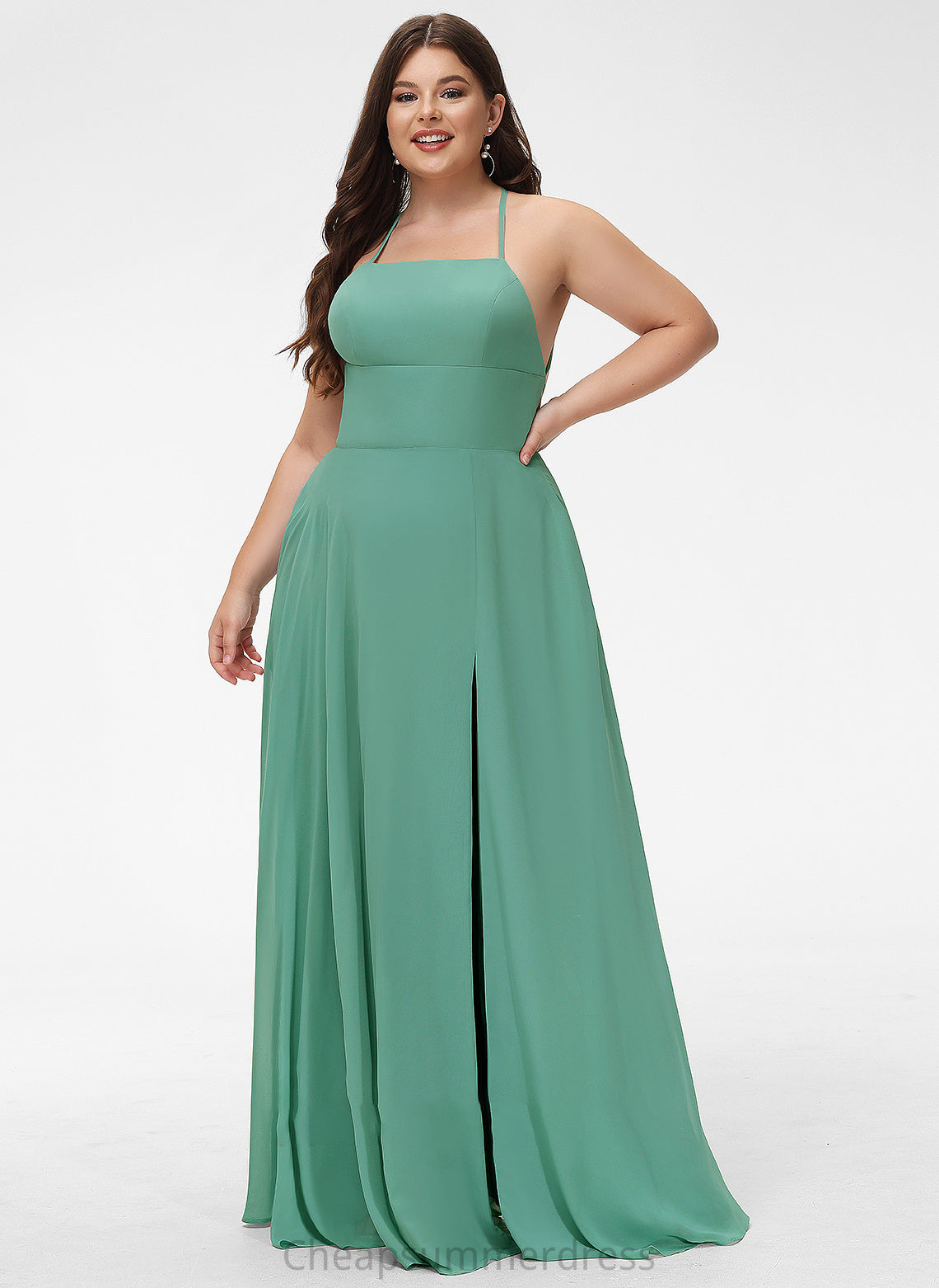 Floor-Length Front Square Split Pockets Prom Dresses A-Line Liberty With Chiffon Neckline