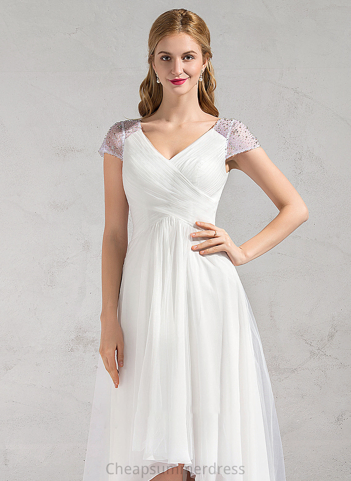 Sequins With V-neck Victoria Wedding Dresses Tulle A-Line Wedding Beading Ruffle Asymmetrical Dress