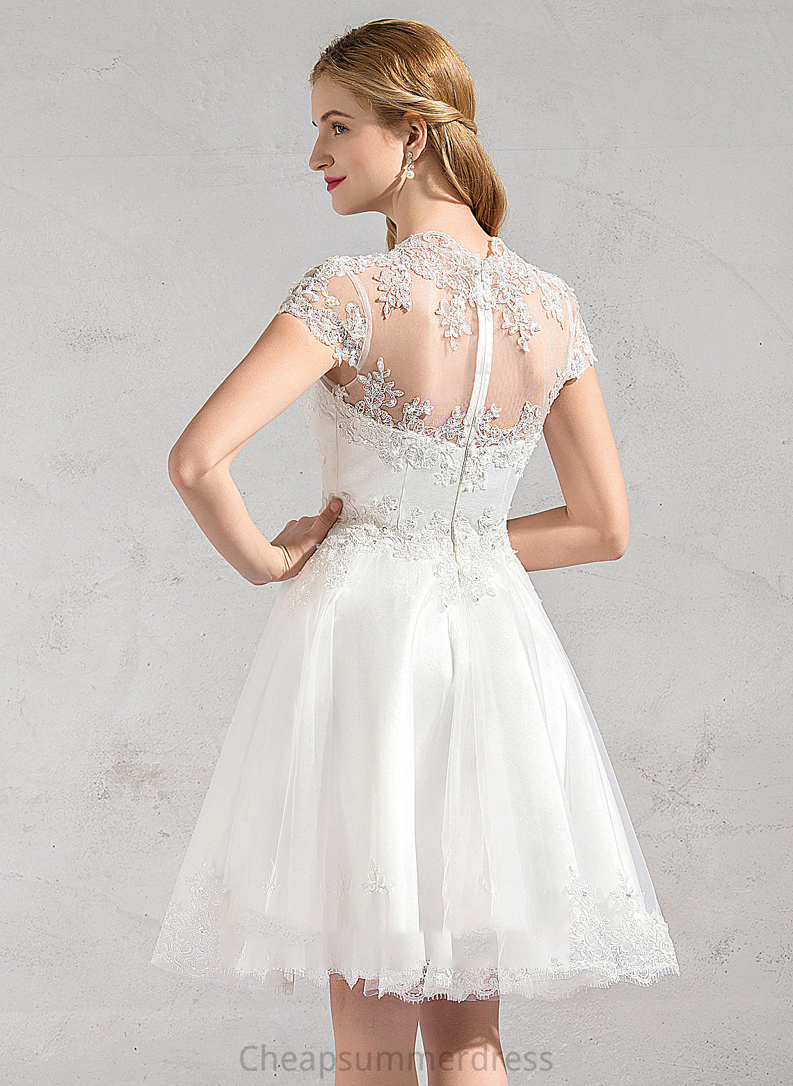 Lace Appliques V-neck Sequins A-Line Wedding Dresses Lace Tulle Dress With Knee-Length Beading Wedding Kayden