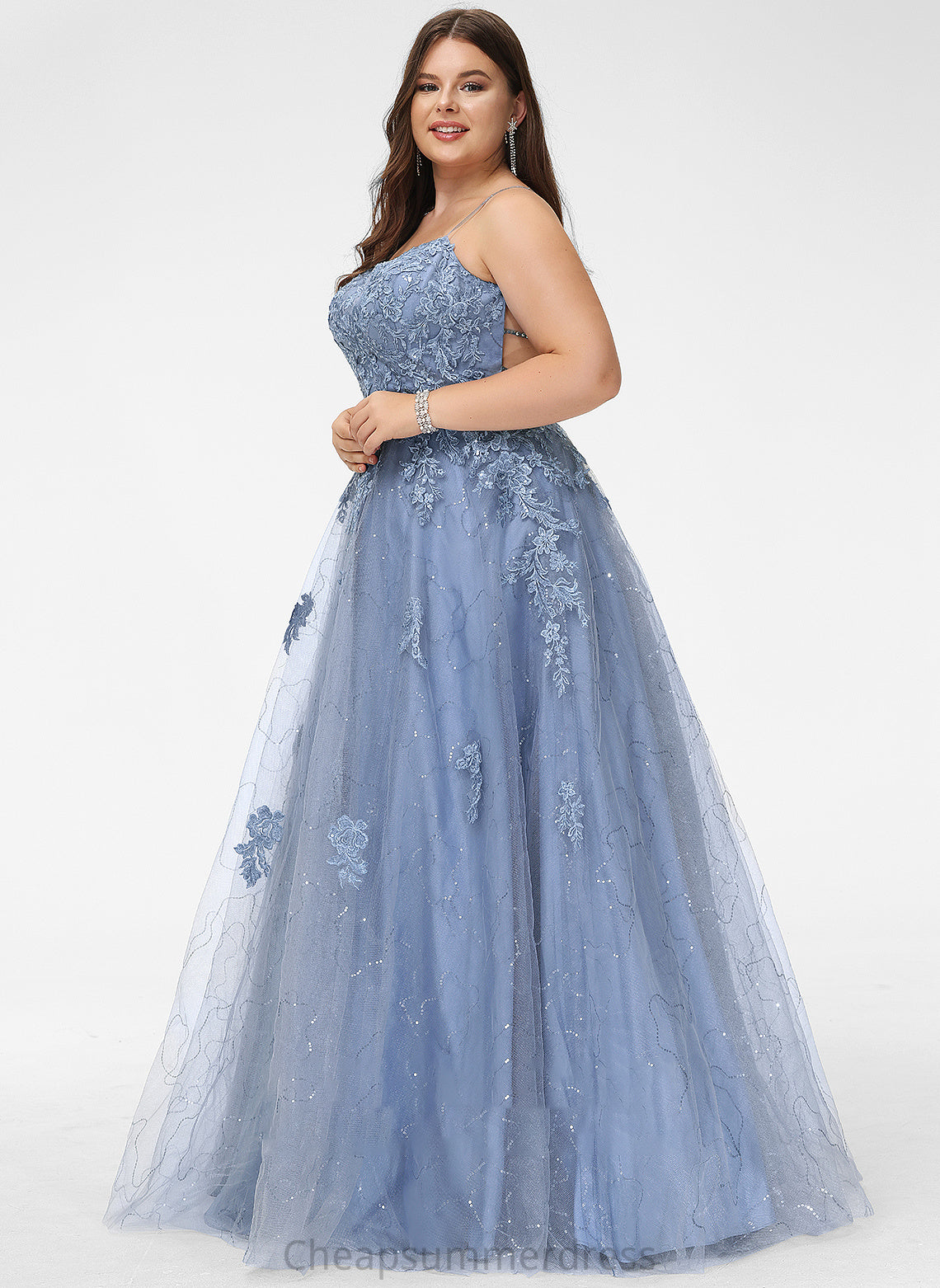 Split Neckline Floor-Length Front Jaslyn With Square Ball-Gown/Princess Prom Dresses Sequins Tulle