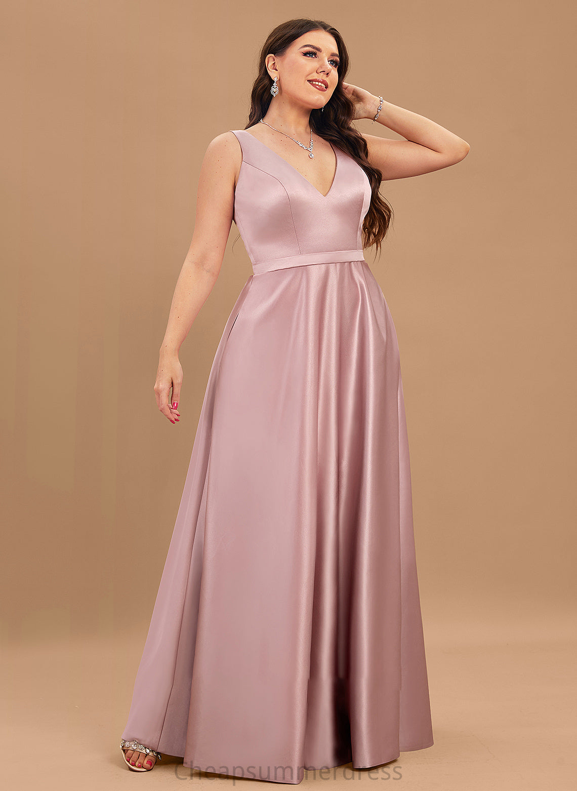 Satin V-neck Ball-Gown/Princess Pockets With Prom Dresses Erica Floor-Length