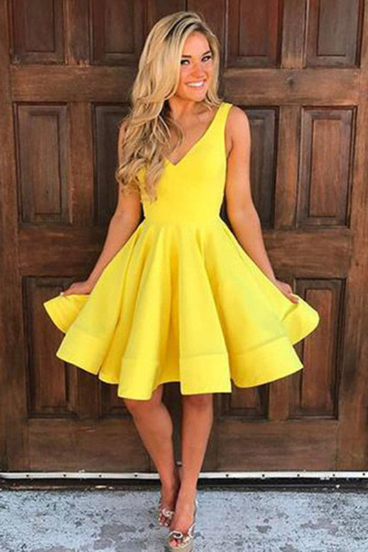 A Line Yellow V Neck Sleeveless Short Homecoming Dresses