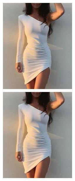 Elliana Homecoming Dresses One Shoulder White Long Sleeve CD10904