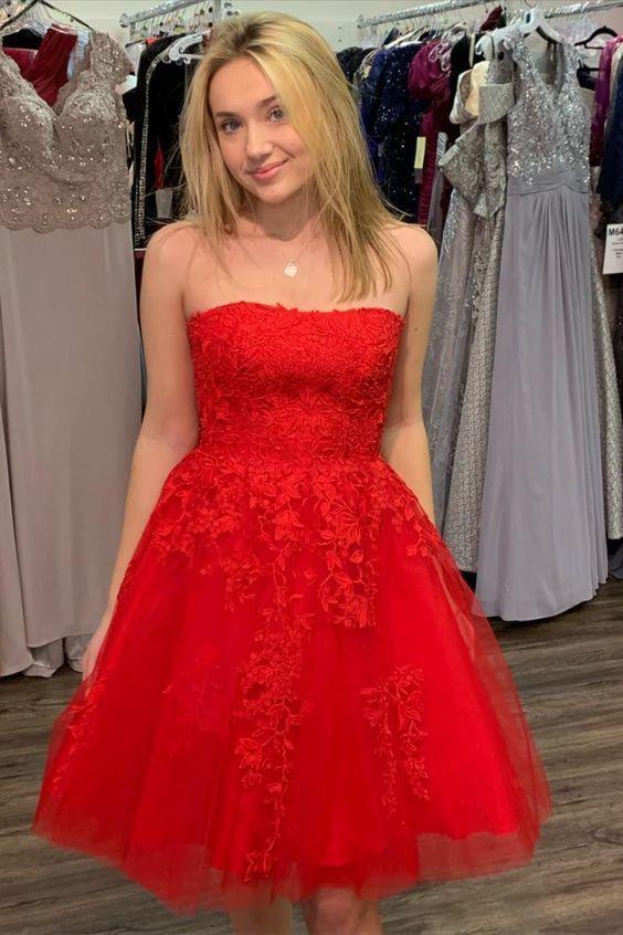 Lace Erika Homecoming Dresses Strapless Red Appliques Short CD10959