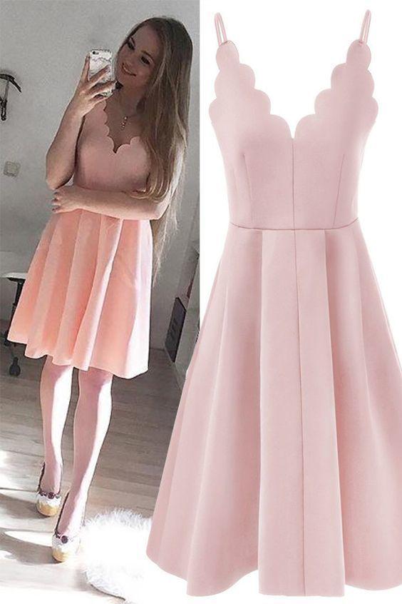 Homecoming Dresses A Line Pink Satin Carmen Spaghetti Short CD1109