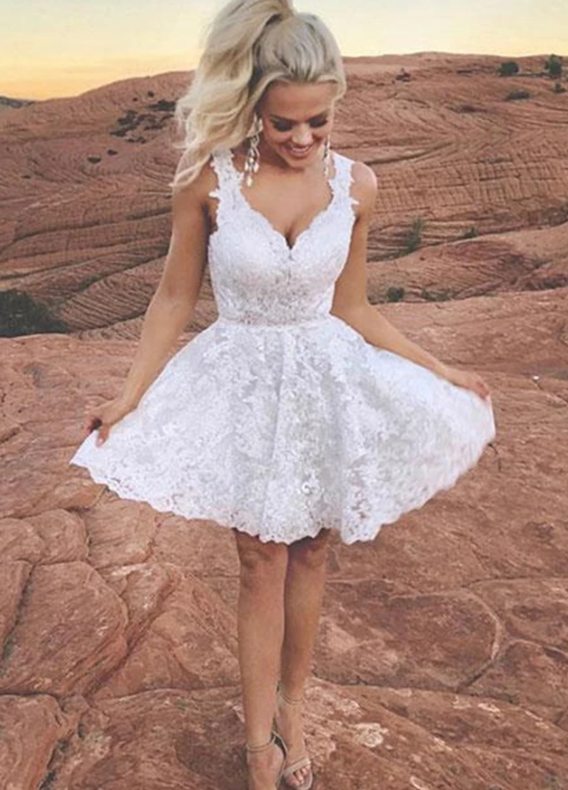 Cute V Neck Short Ariel Homecoming Dresses Lace White CD11741