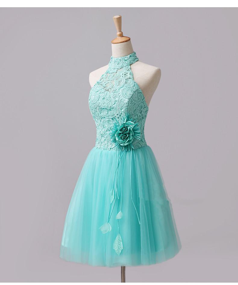 Cute Mint Halter Homecoming Dresses Lace Daphne Flowers CD12833