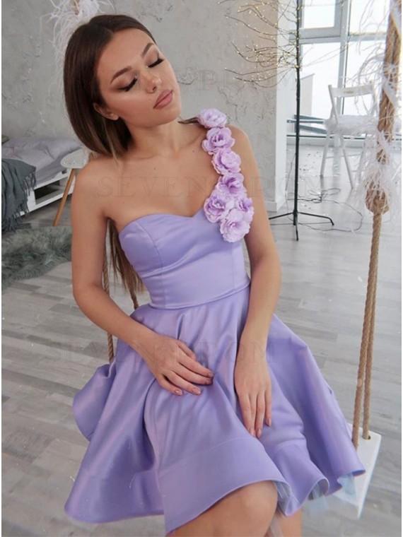 A-Line One Shoulder Short Homecoming Dresses Ansley Lilac With Flowers CD13114