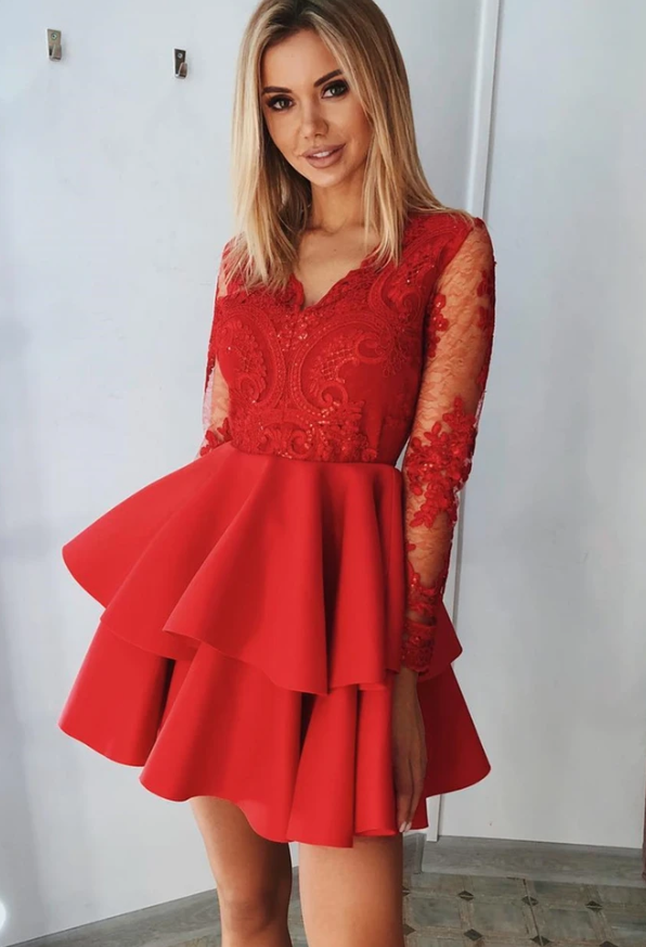 Keely Homecoming Dresses Lace Long Sleeves Red Formal Graduation CD13224
