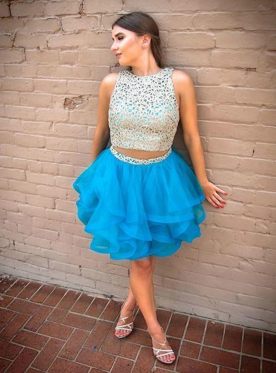 Two Piece Short Muriel Lace Homecoming Dresses Blue Tulle CD13481