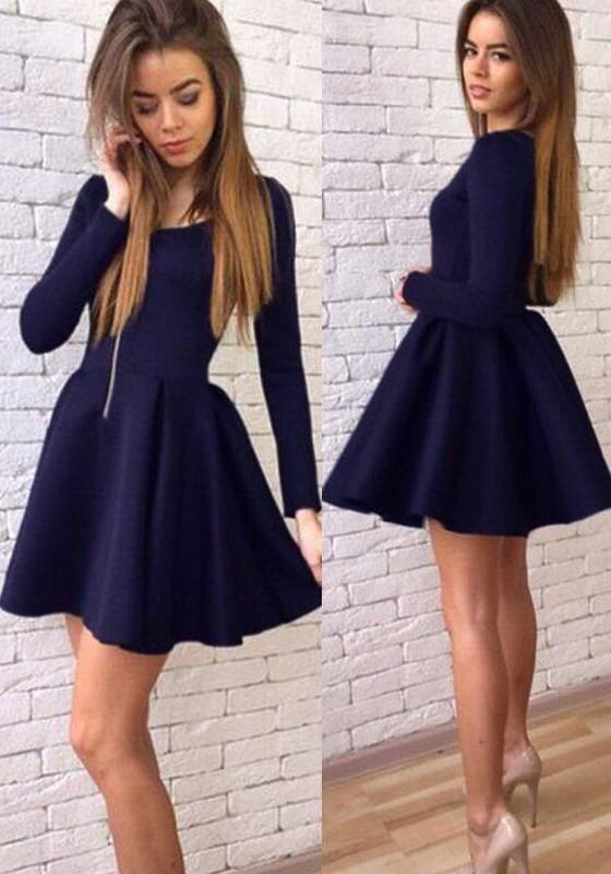 Homecoming Dresses Maribel Cheap Navy Blue Long Sleeves Modest Mini Short CD1672