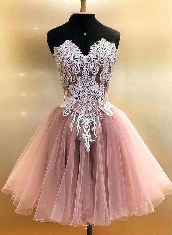 Pink Lace Homecoming Dresses Cindy Tulle Short Dress CD1742