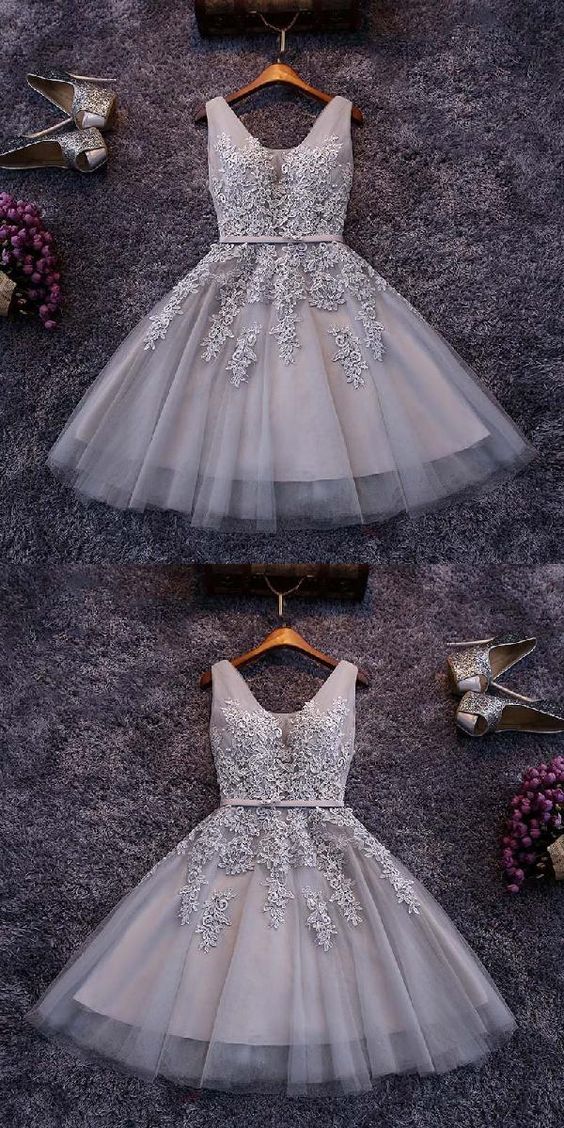 Short Gray Tulle Homecoming Dresses Destiny Appliqued CD184