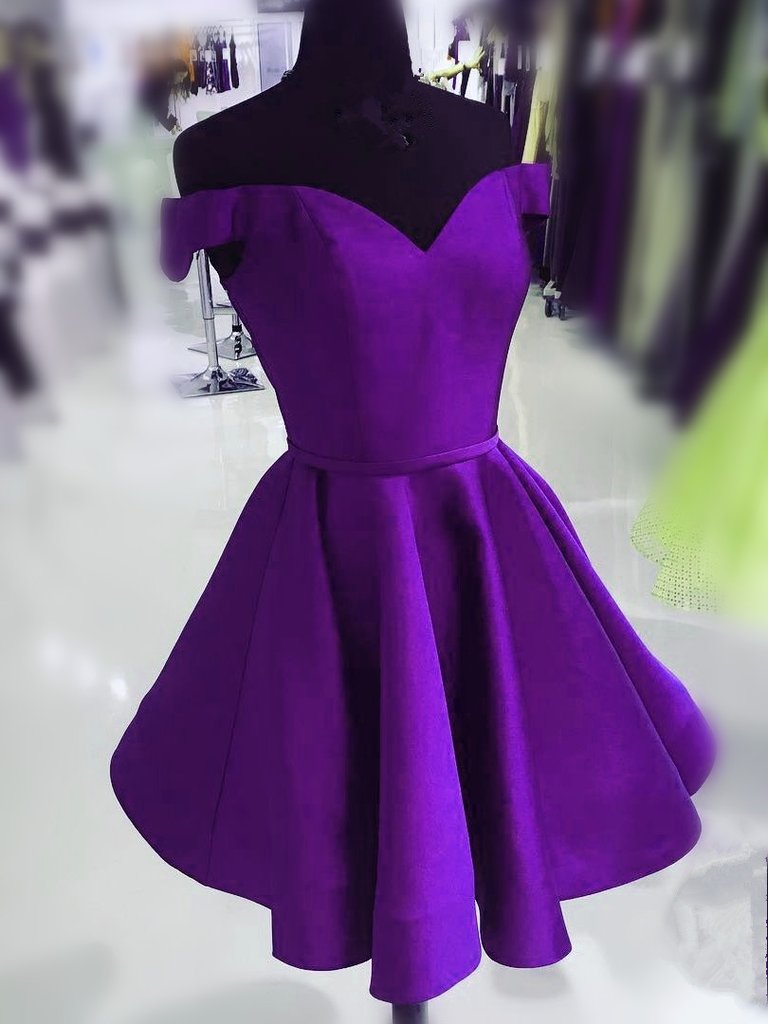 Satin Leia Homecoming Dresses Purple Off Shoulder Short Cute CD19924