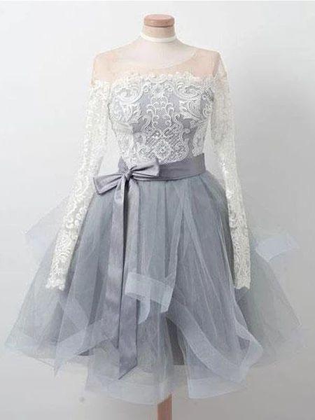 Long Sleeves Grey Short Lace Viola Homecoming Dresses Cheap CD20244