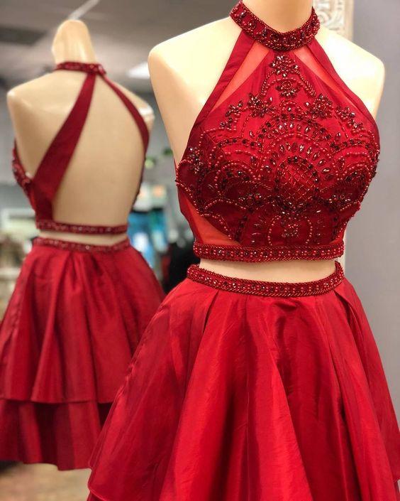 Two Piece Short Destiny Homecoming Dresses Red With Backless CD2058