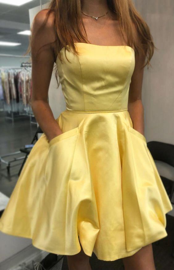 Strapless Short Olivia Homecoming Dresses Yellow Party Dress With Pockets CD2120