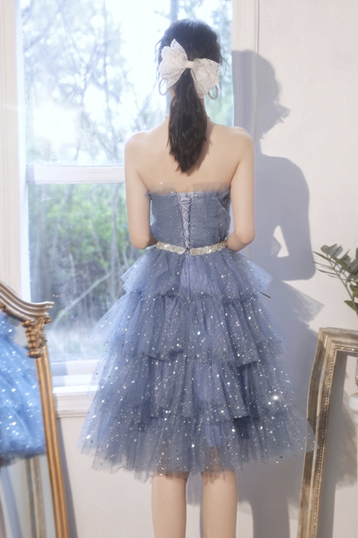BLUE TULLE SEQUINS SHORT Fatima Homecoming Dresses PARTY DRESS CD22204