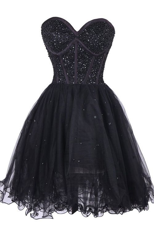 Black Lindsay Homecoming Dresses Beaded Embellished Sweetheart Short Tulle CD22497