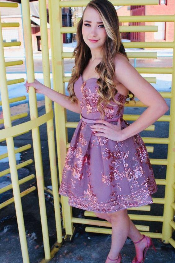 Sweetheart Rose Gold Sequins A-Line Short Homecoming Dresses Maisie CD23673