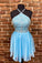 Halter Beaded Monserrat Chiffon Homecoming Dresses Blue Short CD24028