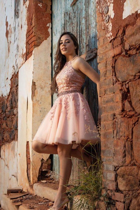 Esmeralda Pink Homecoming Dresses Halter Appliqued With Beading Belt CD24031