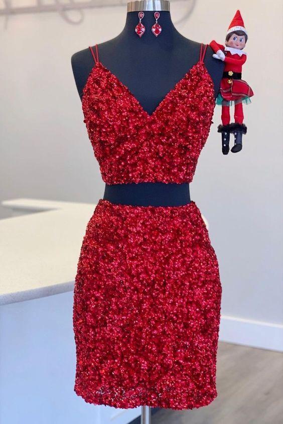 Marley Homecoming Dresses Two Piece Red Sequined Dress CD24085